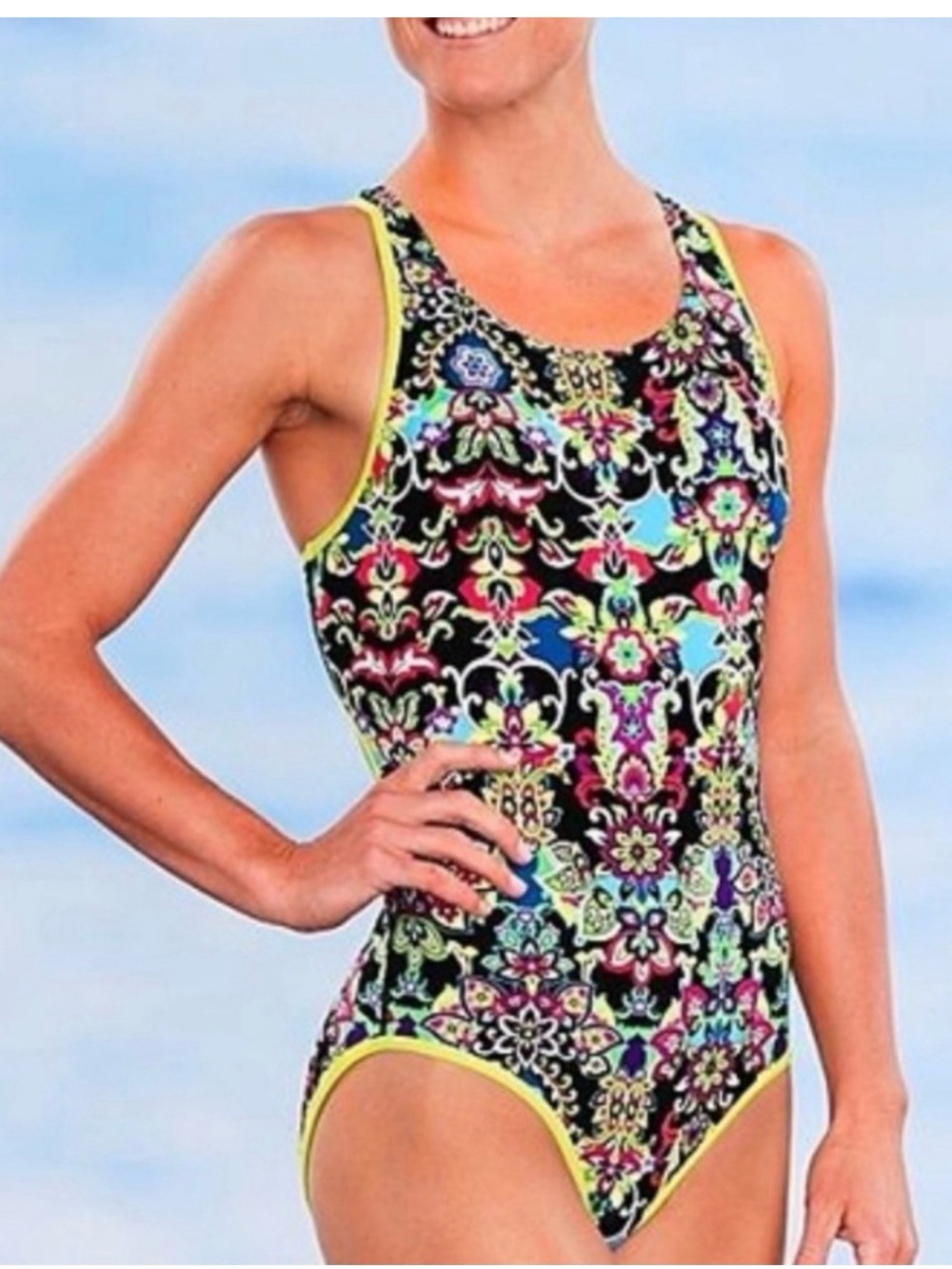 Women’s Neon Trim Floral-Print black reversible One-Piece Swimsuit 12 Athleta